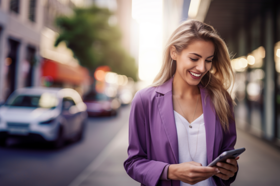 Woman in purple jacket smiling and looking on her phone