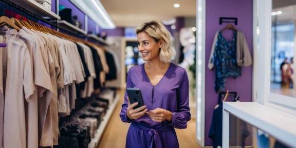 Woman in clothing shop holding an iphone and smiling