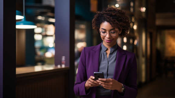 Woman in glasses and purple jacket holding an iPhone