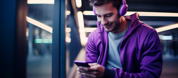 Man in purple blouse with headphones looking on mobile