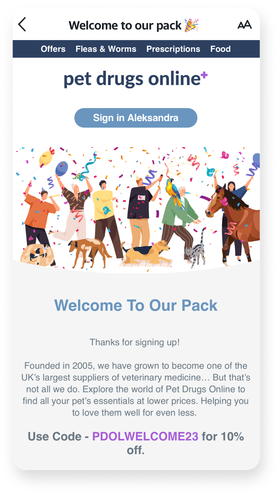 welcome email by pet drugs online