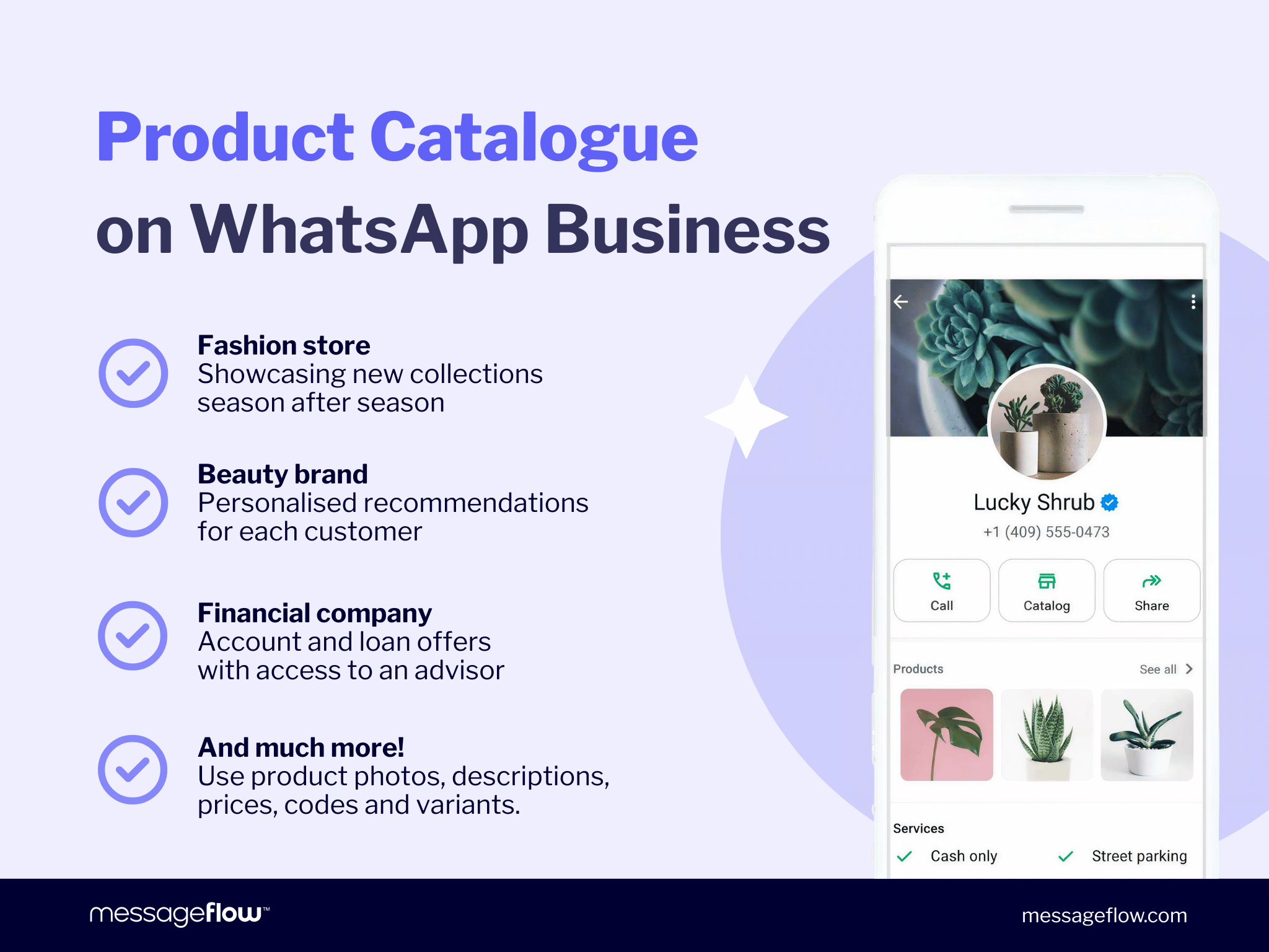 Infographic showing use cases for the WhatsApp Business product catalogue: a fashion store, a beauty brand, and a financial company, alongside a smartphone screen displaying a verified business profile with a plant catalogue.