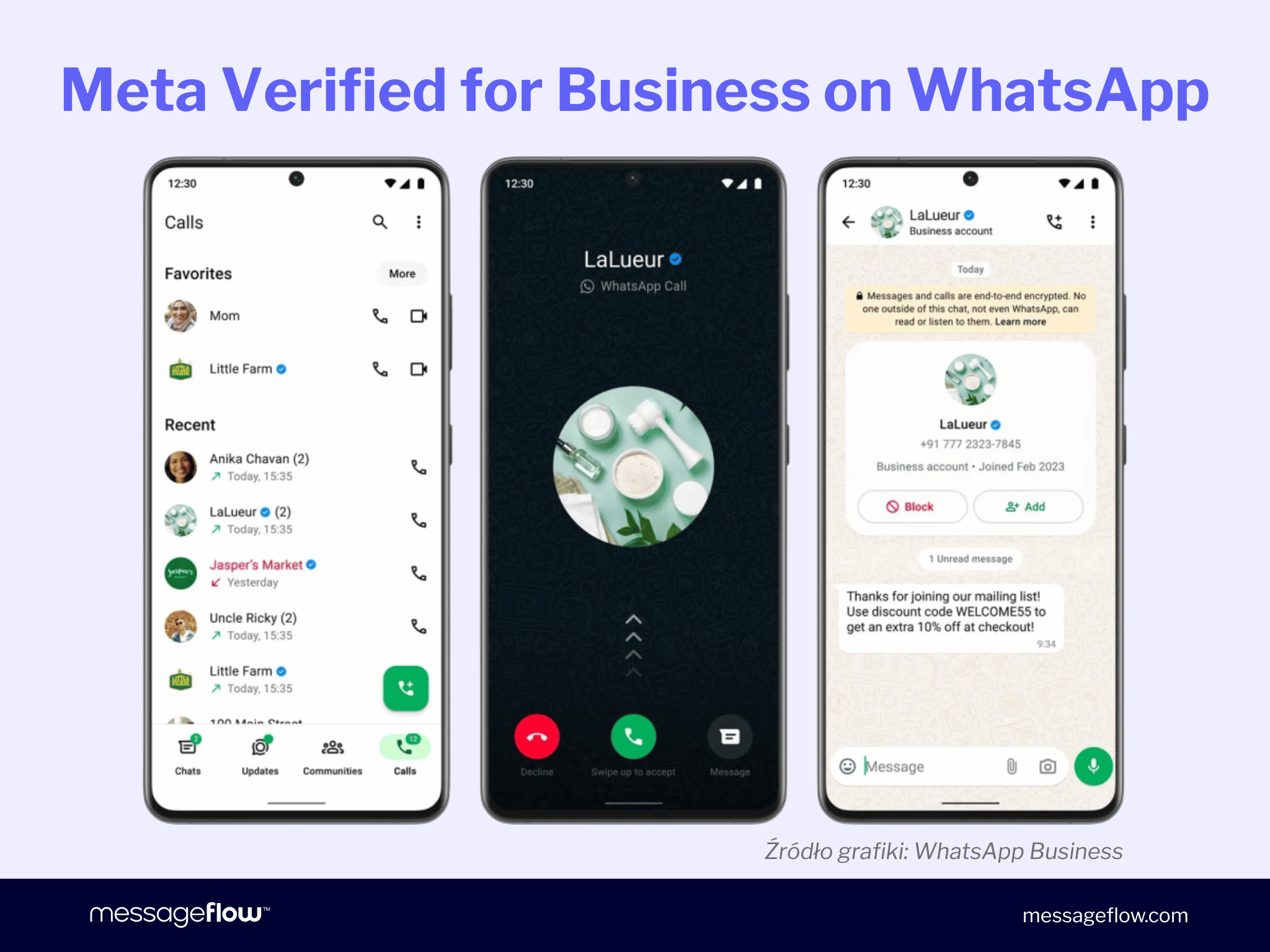 Three smartphone screens showing Meta Verified status for a company on WhatsApp: a calls list with a verification badge, an incoming WhatsApp call screen, and a chat window with a welcome discount message.