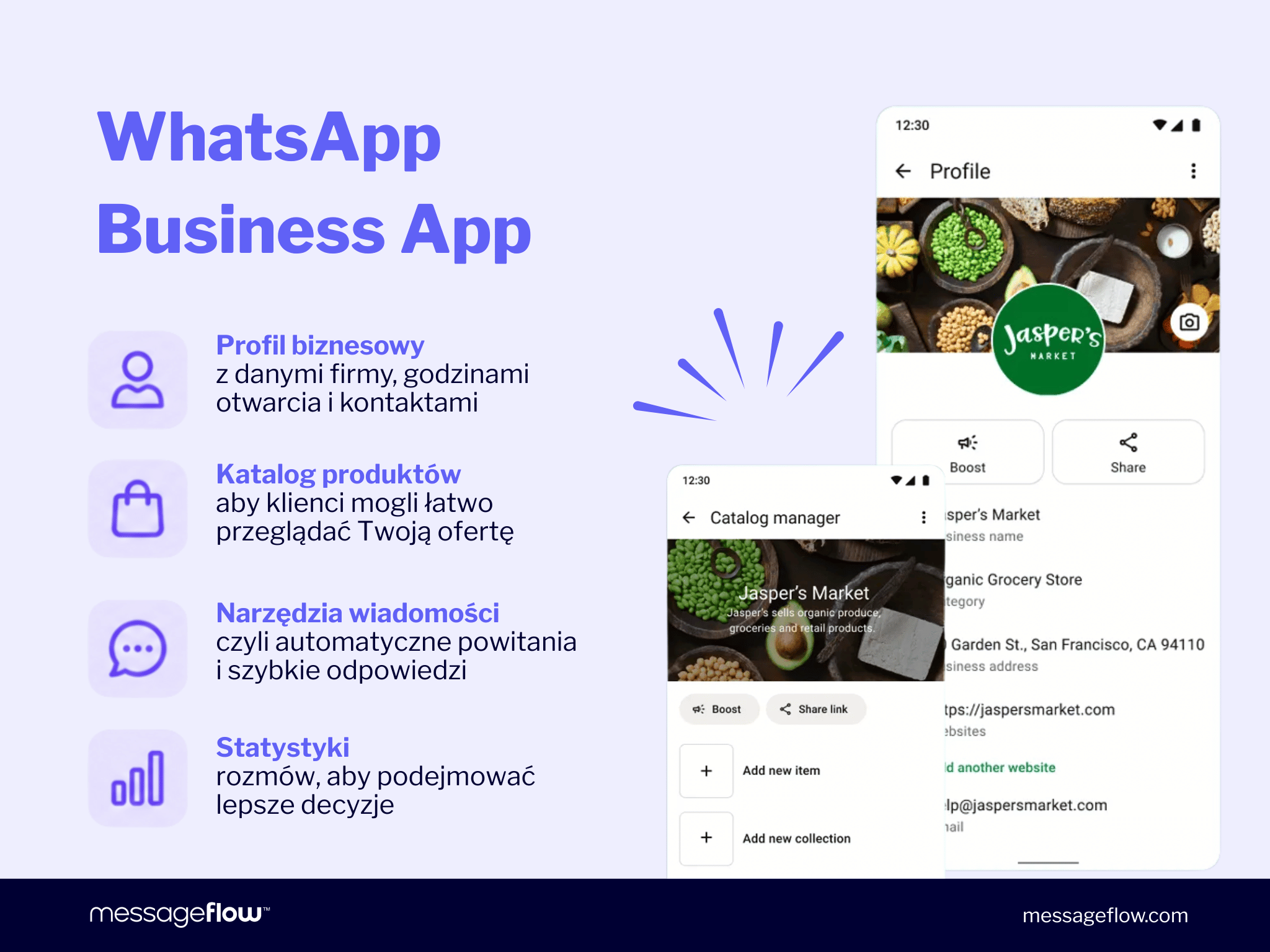 Infografika „WhatsApp Business App" prezentująca cztery główne funkcje: profil biznesowy z danymi firmy i godzinami otwarcia, katalog produktów umożliwiający przeglądanie oferty, narzędzia wiadomości (automatyczne powitania i szybkie odpowiedzi) oraz statystyki rozmów.