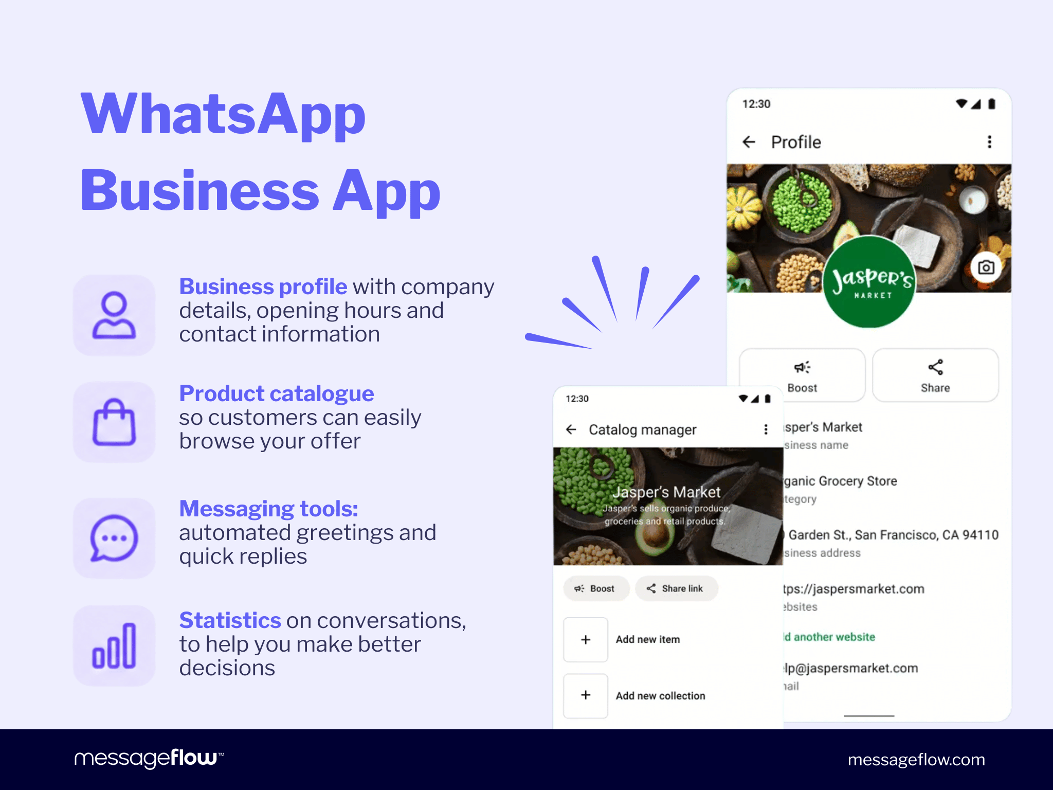 WhatsApp Business App: Infographic listing four key features of the WhatsApp Business App - business profile, product catalogue, messaging tools, and conversation statistics
