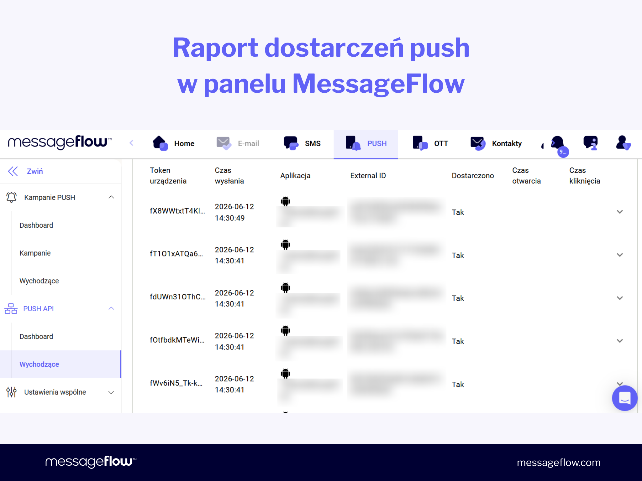 Raport dostarczeń push w panelu MessageFlow
