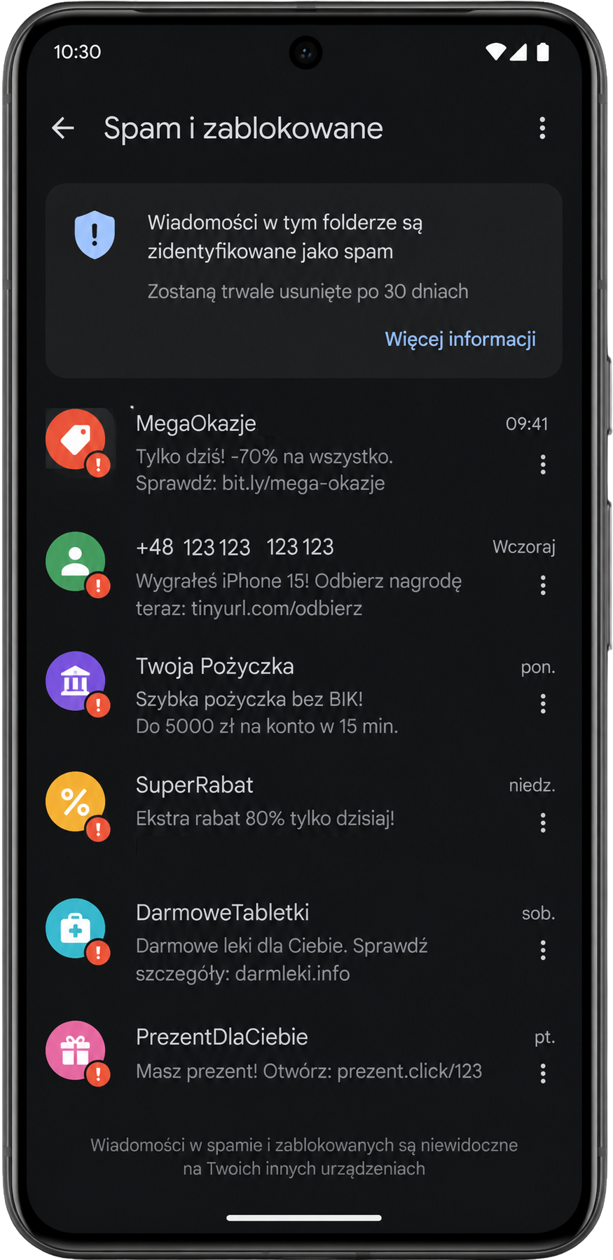 Spam i zablokowane - widok z aplikacji