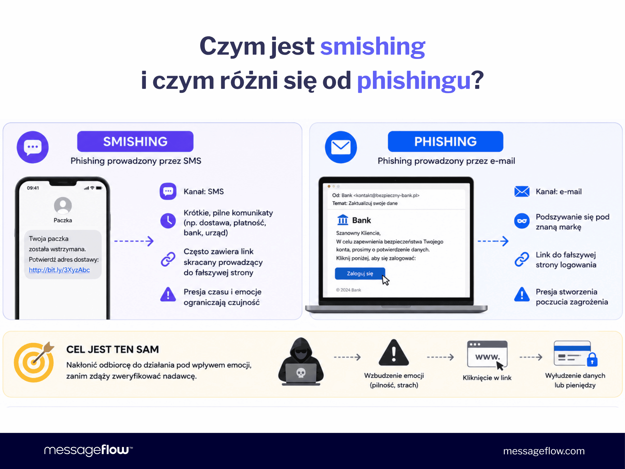 Czym jest smishing i czym różni się od phishingu? Infografika porównująca smishing i phishing: po lewej przykład fałszywej wiadomości SMS o wstrzymanej paczce ze skróconym linkiem, po prawej przykład fałszywego e-maila od banku z przyciskiem „Zaloguj się”; poniżej schemat pokazujący wspólny cel ataku – wzbudzenie emocji, kliknięcie w link i wyłudzenie danych lub pieniędzy.